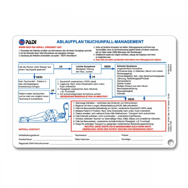 PADI Unfallmanagement-Tafel, hilfreiche Notfalltipps
